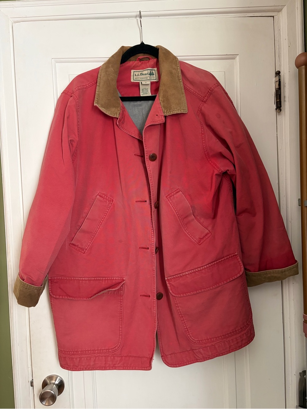 vintage L.L. Bean Women's Pink-Red Canvas Barn Jacket with Tan Corduroy Trim